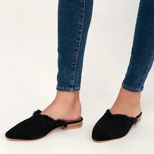 Free People Newport Black Suede Leather Fringe Pointed-Toe Mules Size 39/8-1/2